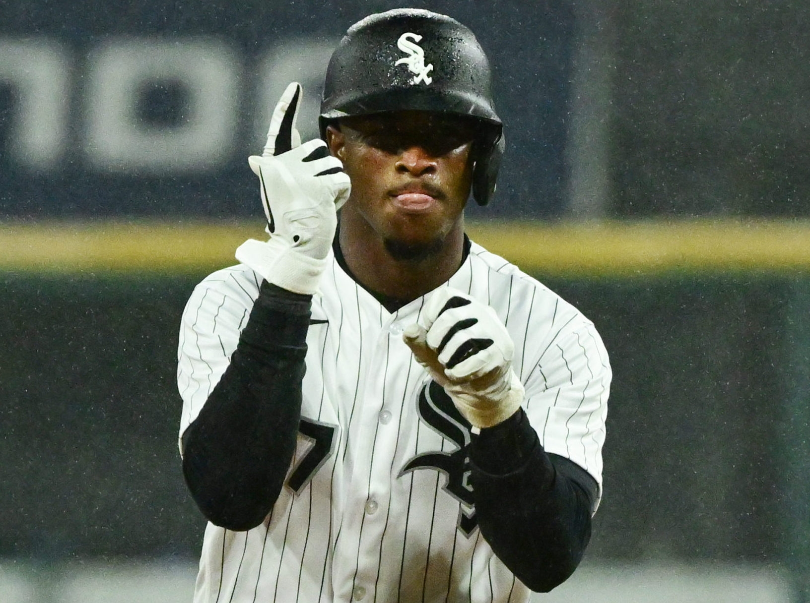 Tim Anderson #7 of the Chicago White Sox hits a solo home run in the seventh inning against the Seattle Mariners at Guaranteed Rate Field on April 13, 2022 in Chicago, Illinois.