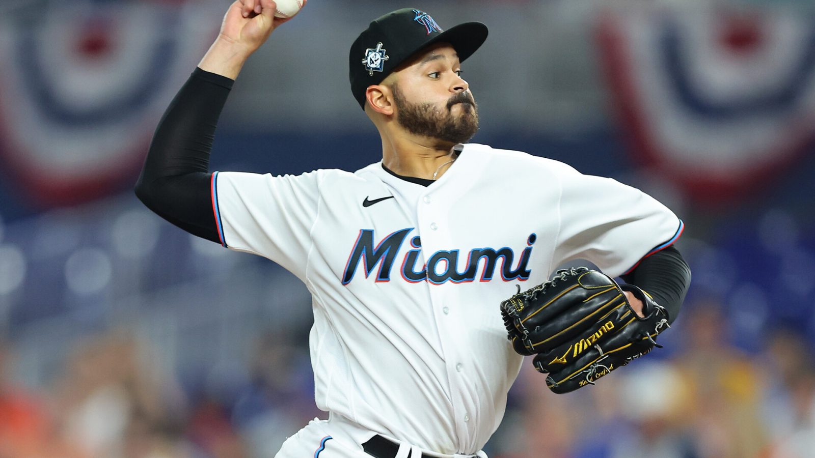 Pablo Lopez #49 of the Miami Marlins delivers a pitch during the third inning against the Philadelphia Phillies at loanDepot park on April 15, 2022 in Miami, Florida. All players are wearing the number 42 in honor of Jackie Robinson Day.