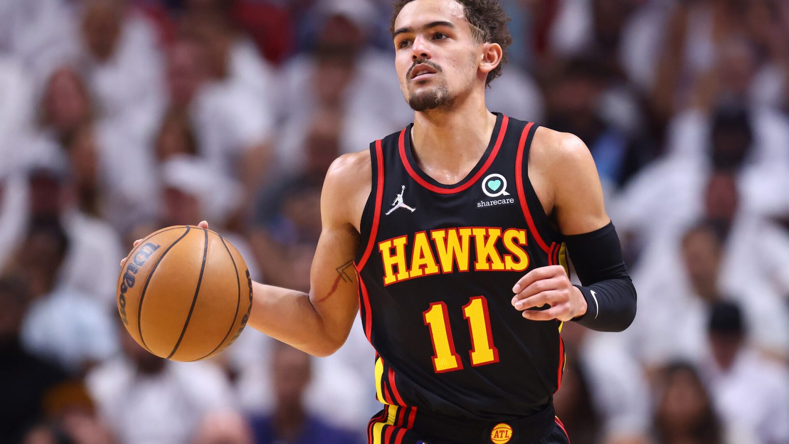 Trae Young #11 of the Atlanta Hawks in action against the Miami Heat during the first quarter in Game One of the Eastern Conference First Round at FTX Arena on April 17, 2022 in Miami, Florida.