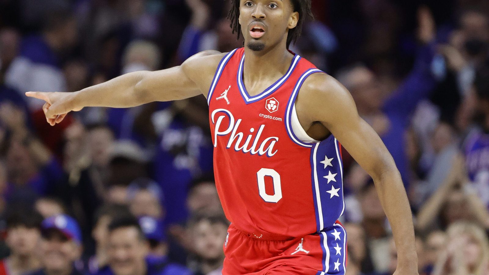 Tyrese Maxey #0 of the Philadelphia 76ers signals during the third quarter against the Toronto Raptors during Game Two of the Eastern Conference First Round at Wells Fargo Center on April 18, 2022 in Philadelphia, Pennsylvania.