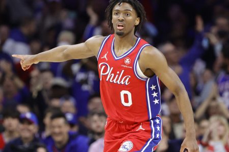 Tyrese Maxey #0 of the Philadelphia 76ers signals during the third quarter against the Toronto Raptors during Game Two of the Eastern Conference First Round at Wells Fargo Center on April 18, 2022 in Philadelphia, Pennsylvania.