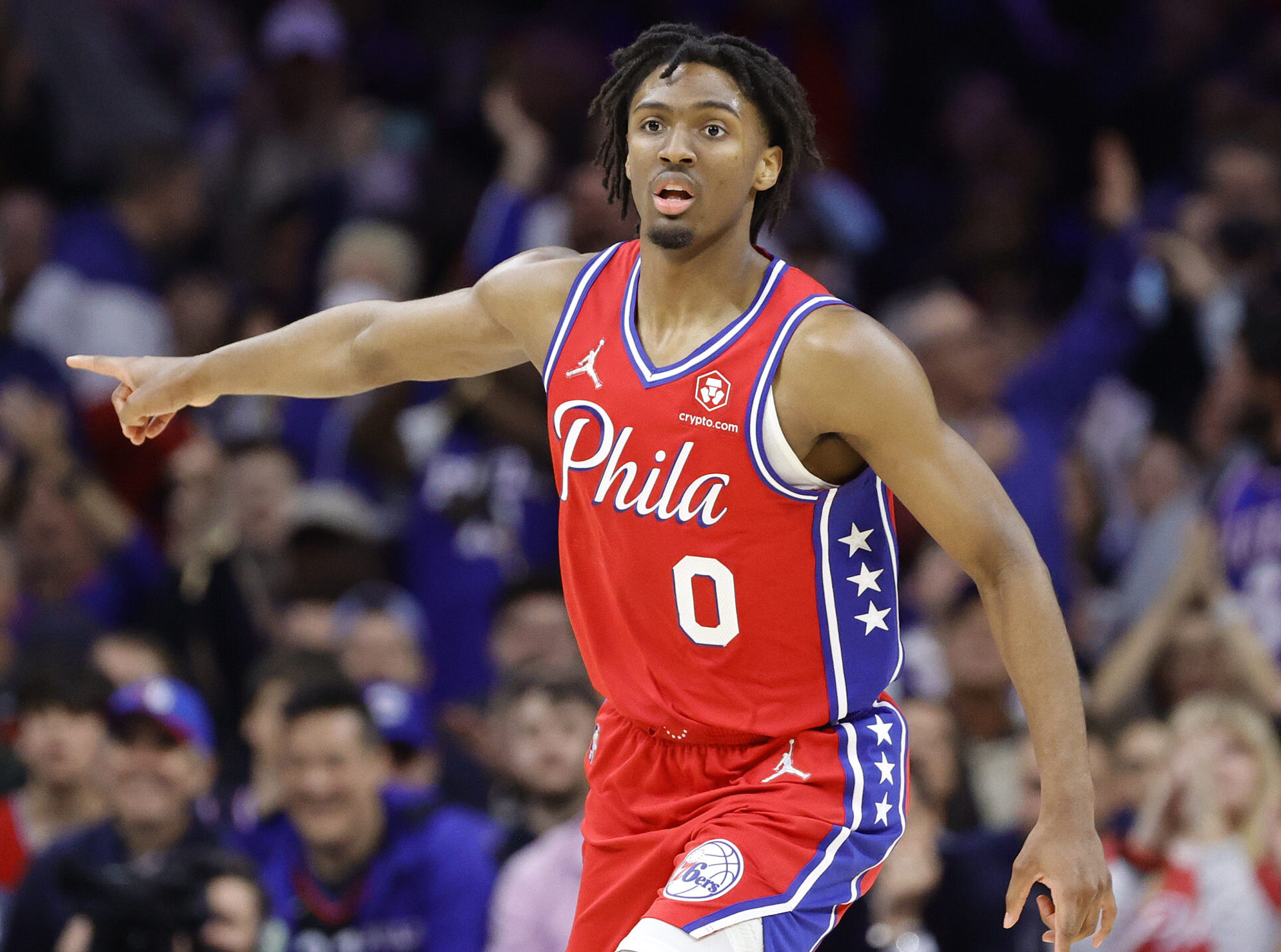 Tyrese Maxey #0 of the Philadelphia 76ers signals during the third quarter against the Toronto Raptors during Game Two of the Eastern Conference First Round at Wells Fargo Center on April 18, 2022 in Philadelphia, Pennsylvania.
