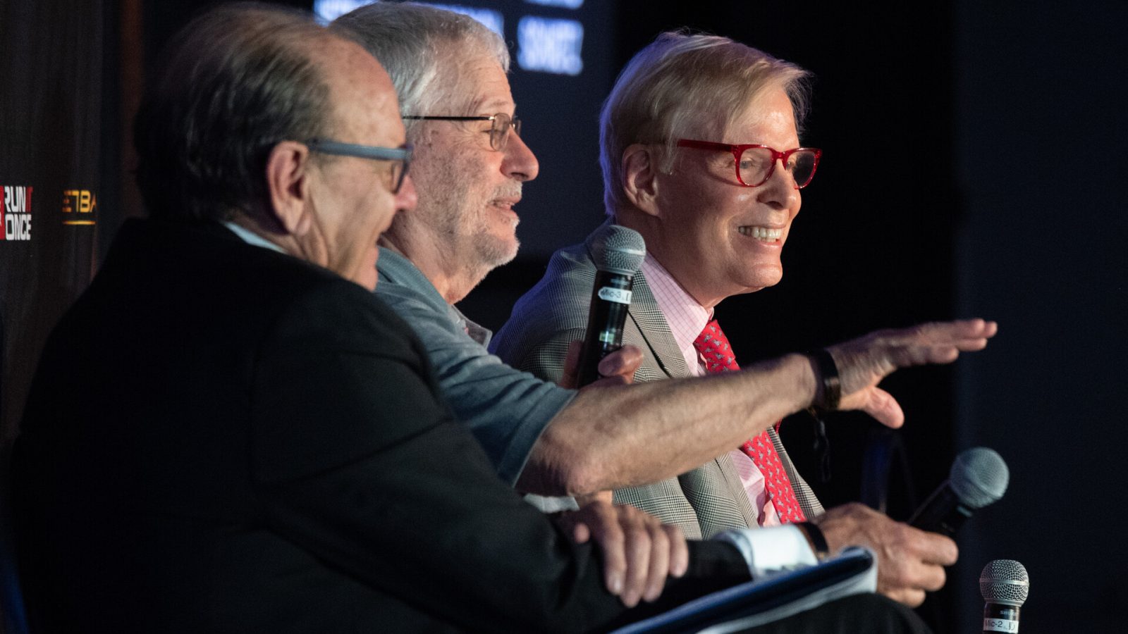 From left, Richard Schuetz, Scotty Schettler and Roxy Roxborough share stories from the stage at Bet Bash 2 at The D Las Vegas, on Sunday, April 3, 2022.