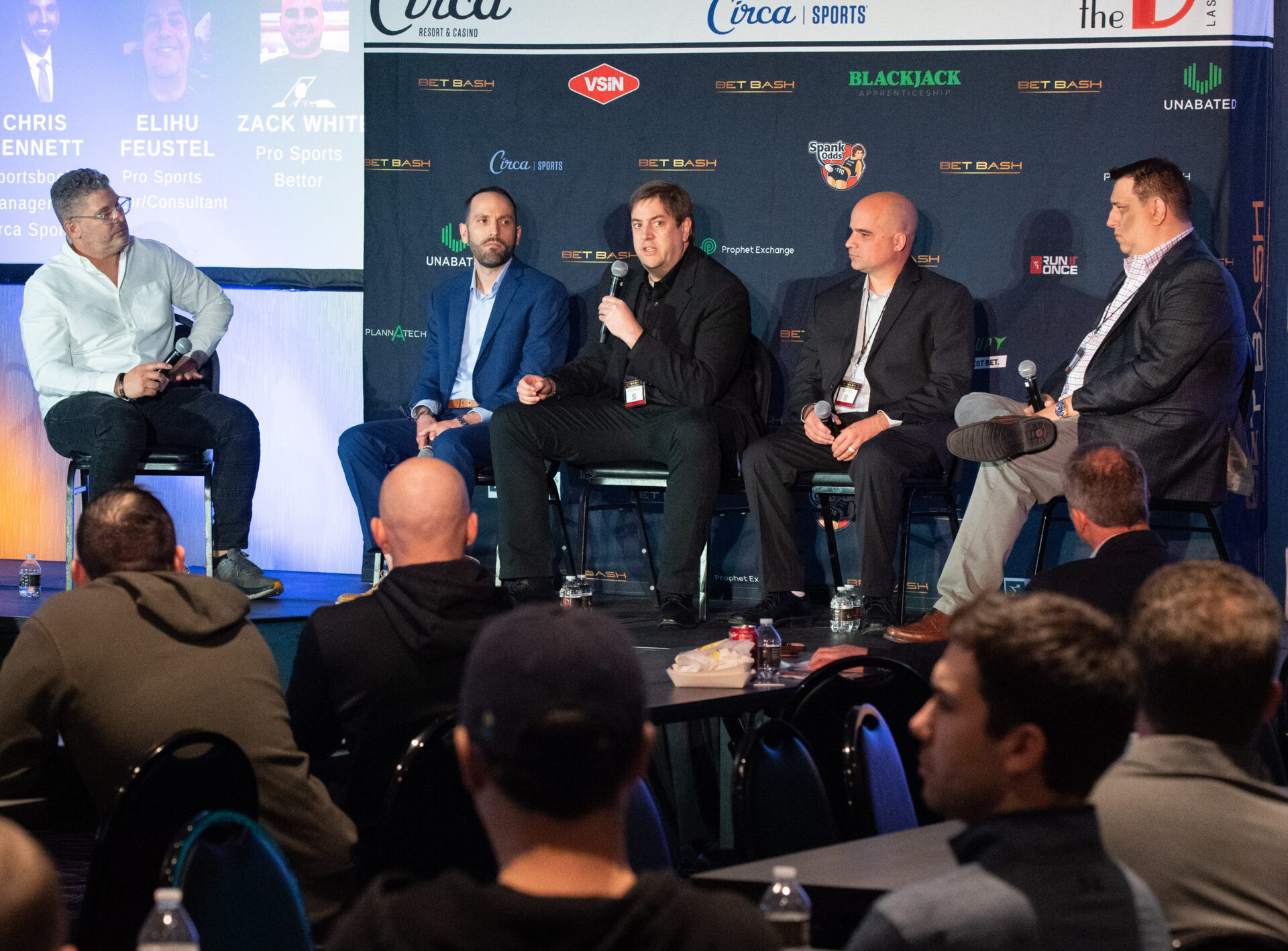 From left, moderator Gill Alexander of VSIN and panelists Chris Bennett of Circa Sports, and pro sports bettors Elihu Feustel, Zack White and Spanky, at The Art of Sports Betting session for Bet Bash 2 at The D Las Vegas.