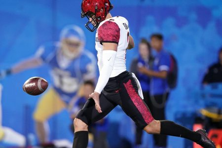San Diego State Aztecs punter Matt Araiza drops the ball and prepares to launch a punt with his left leg during a game against the San Jose State Spartans