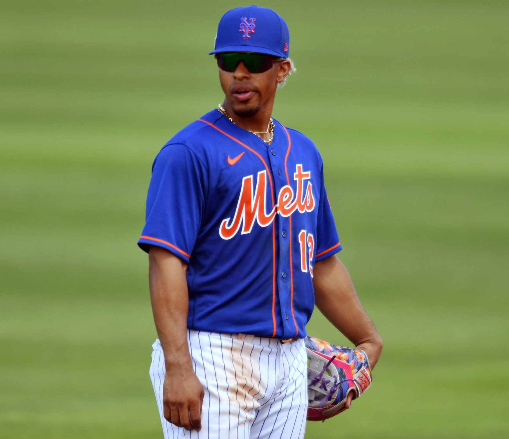 New York Mets shortstop Francisco Lindor looks toward the crowd during a break in the action in a spring training game against the St. Louis Cardinals