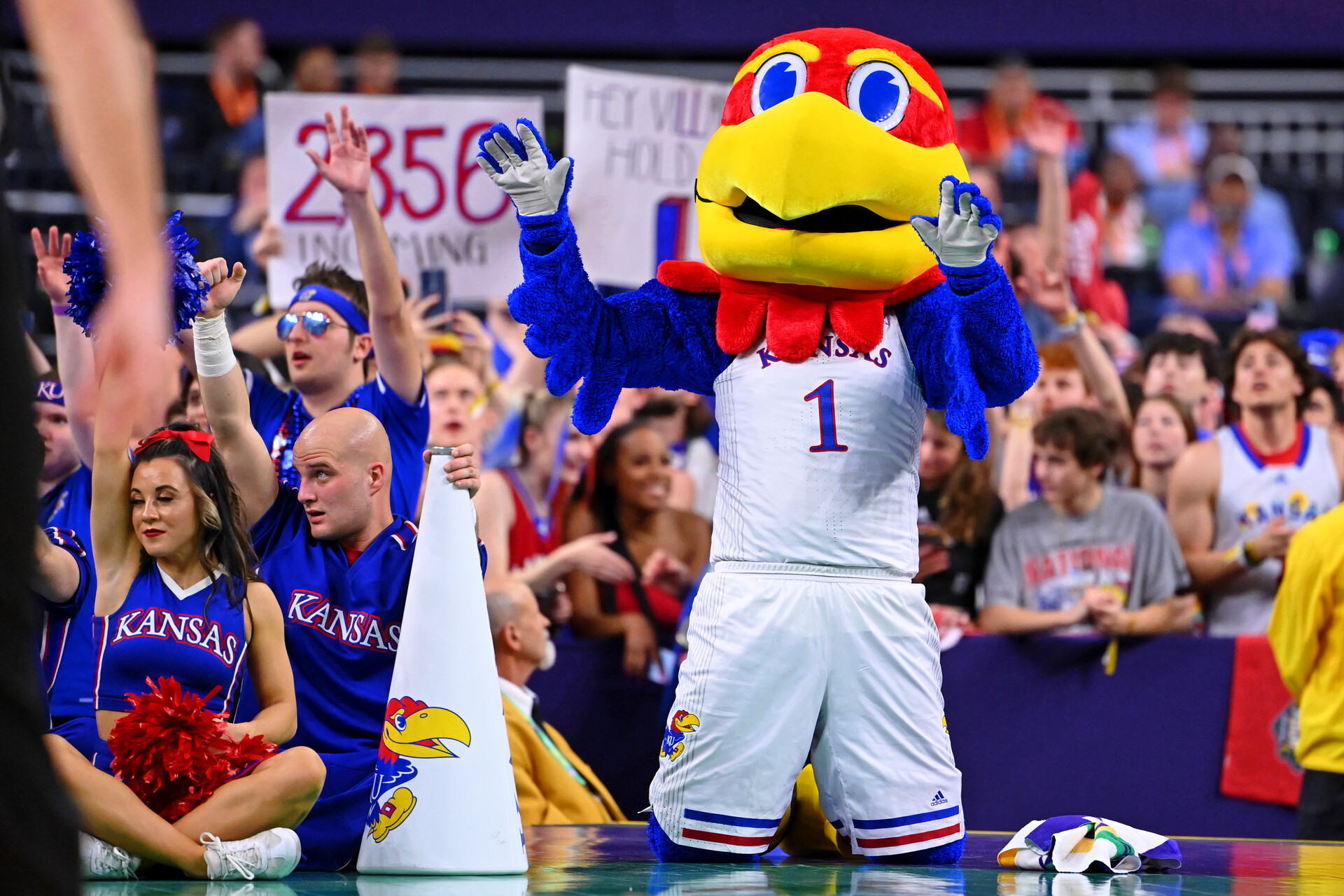 The Kansas Jayhawks mascot during the second half of the game against the Villanova Wildcats during the 2022 NCAA men's basketball tournament Final Four semifinals at Caesars Superdome in New Orleans on Saturday, April 2, 2022.