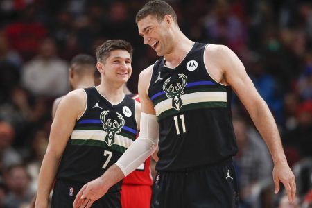 Milwaukee Bucks center Brook Lopez (11) celebrates with guard Grayson Allen (7) after scoring against the Chicago Bulls during the second half at United Center.