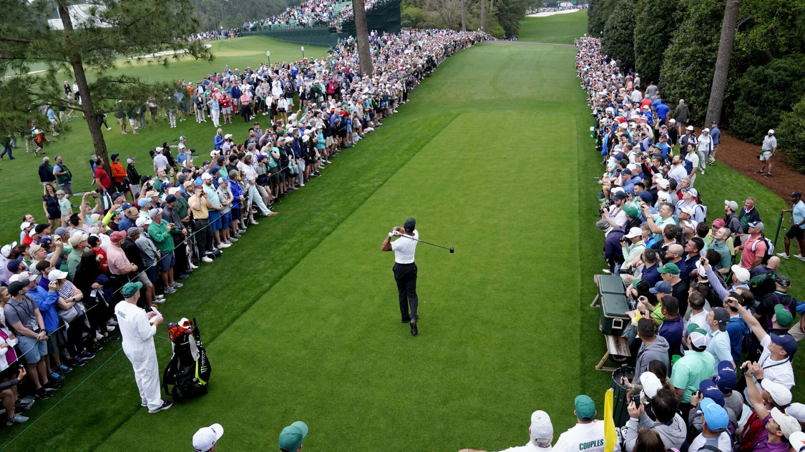 Tiger Woods tees off on No. 18 during a practice round of The Masters golf tournament at Augusta National Golf Club on April 6, 2022.