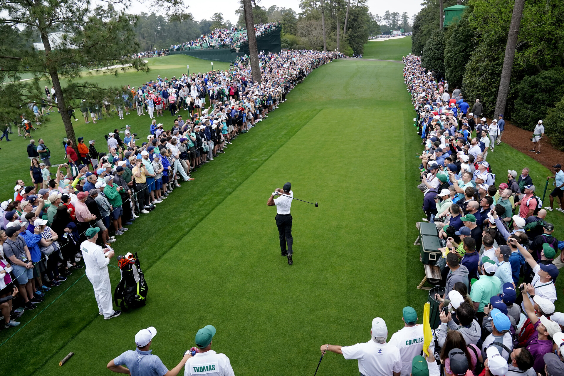 Tiger Woods tees off on No. 18 during a practice round of The Masters golf tournament at Augusta National Golf Club on April 6, 2022.