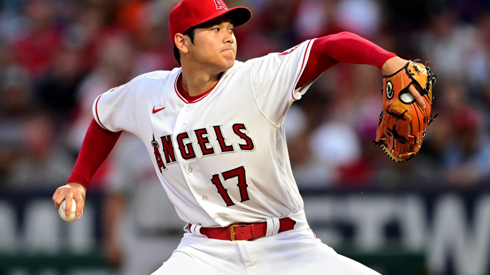 Los Angeles Angels right-handed pitcher Shohei Ohtani reaches back and throws a pitch against the Houston Astros