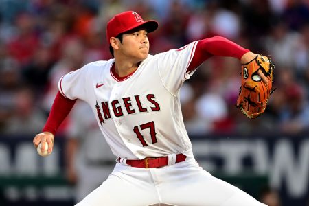 Los Angeles Angels right-handed pitcher Shohei Ohtani reaches back and throws a pitch against the Houston Astros