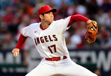 Los Angeles Angels right-handed pitcher Shohei Ohtani reaches back and throws a pitch against the Houston Astros