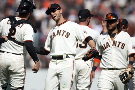 San Francisco Giants players celebrate a 3-2 victory over the Miami Marlins at Oracle Park.