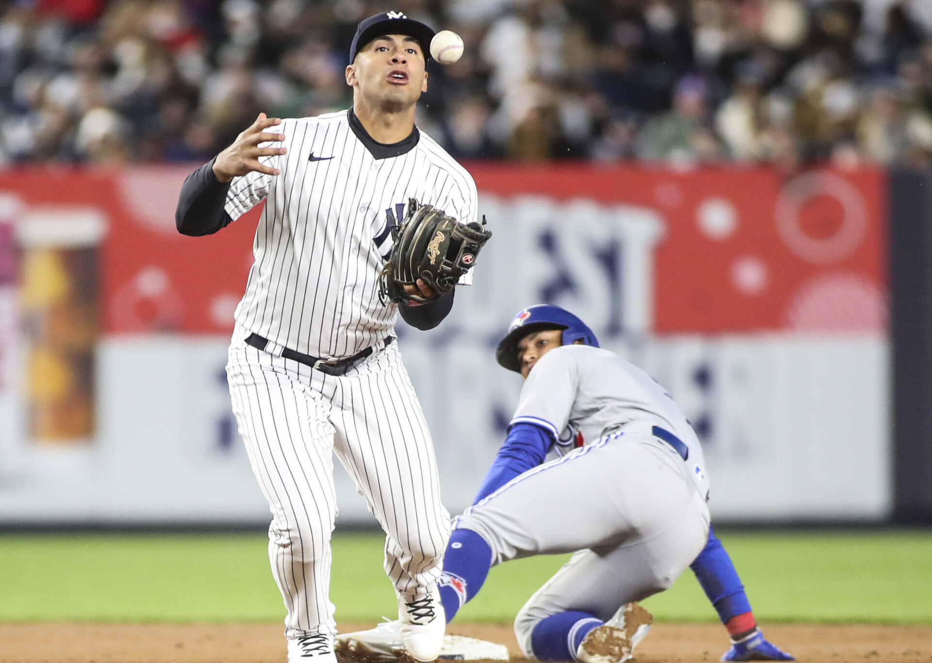 New York Yankees second baseman Gleyber Torres (left) looks up and prepares to catch the baseball in his glove after bobbling it, allowing Toronto Blue Jays second baseman Santiago Espinal (right) to steal second base