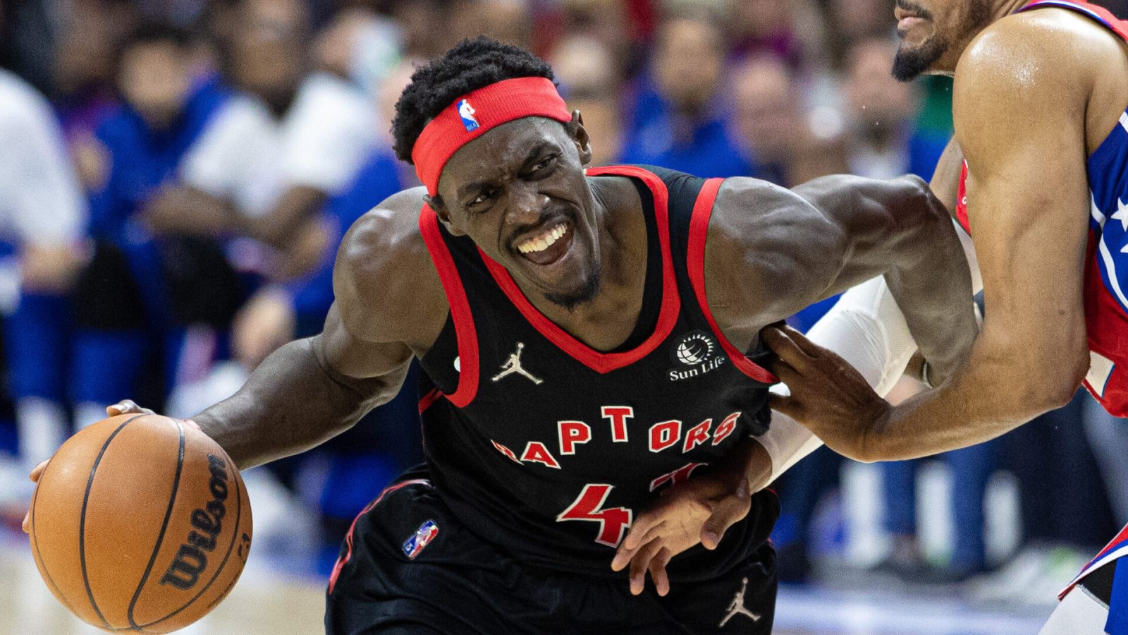 Toronto Raptors forward Pascal Siakam (43) drives against Philadelphia 76ers forward Tobias Harris (12) during the second quarter in game two of the first round for the 2022 NBA playoffs at Wells Fargo Center.