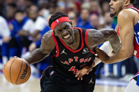 Toronto Raptors forward Pascal Siakam (43) drives against Philadelphia 76ers forward Tobias Harris (12) during the second quarter in game two of the first round for the 2022 NBA playoffs at Wells Fargo Center.