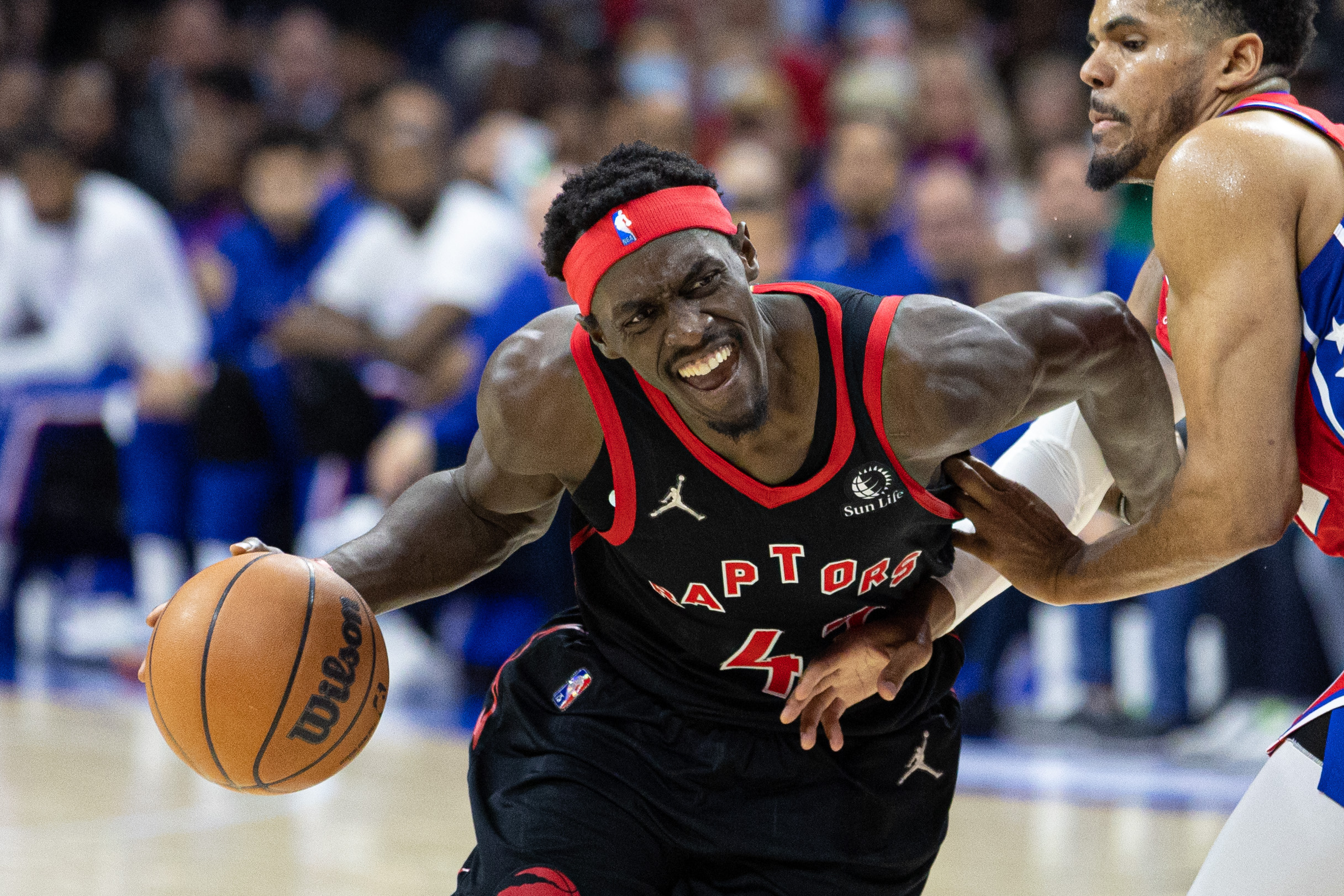 Toronto Raptors forward Pascal Siakam (43) drives against Philadelphia 76ers forward Tobias Harris (12) during the second quarter in game two of the first round for the 2022 NBA playoffs at Wells Fargo Center.