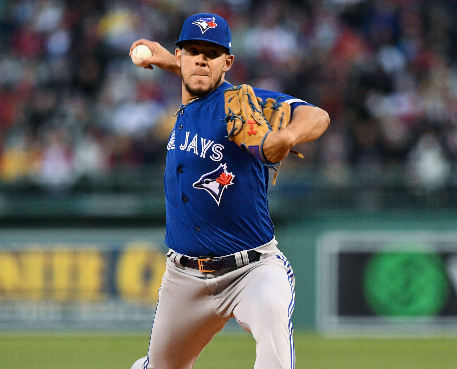 Toronto Blue Jays right-handed pitcher Jose Berrios reaches back and prepares to throw a pitch against the Boston Red Sox at Fenway Park