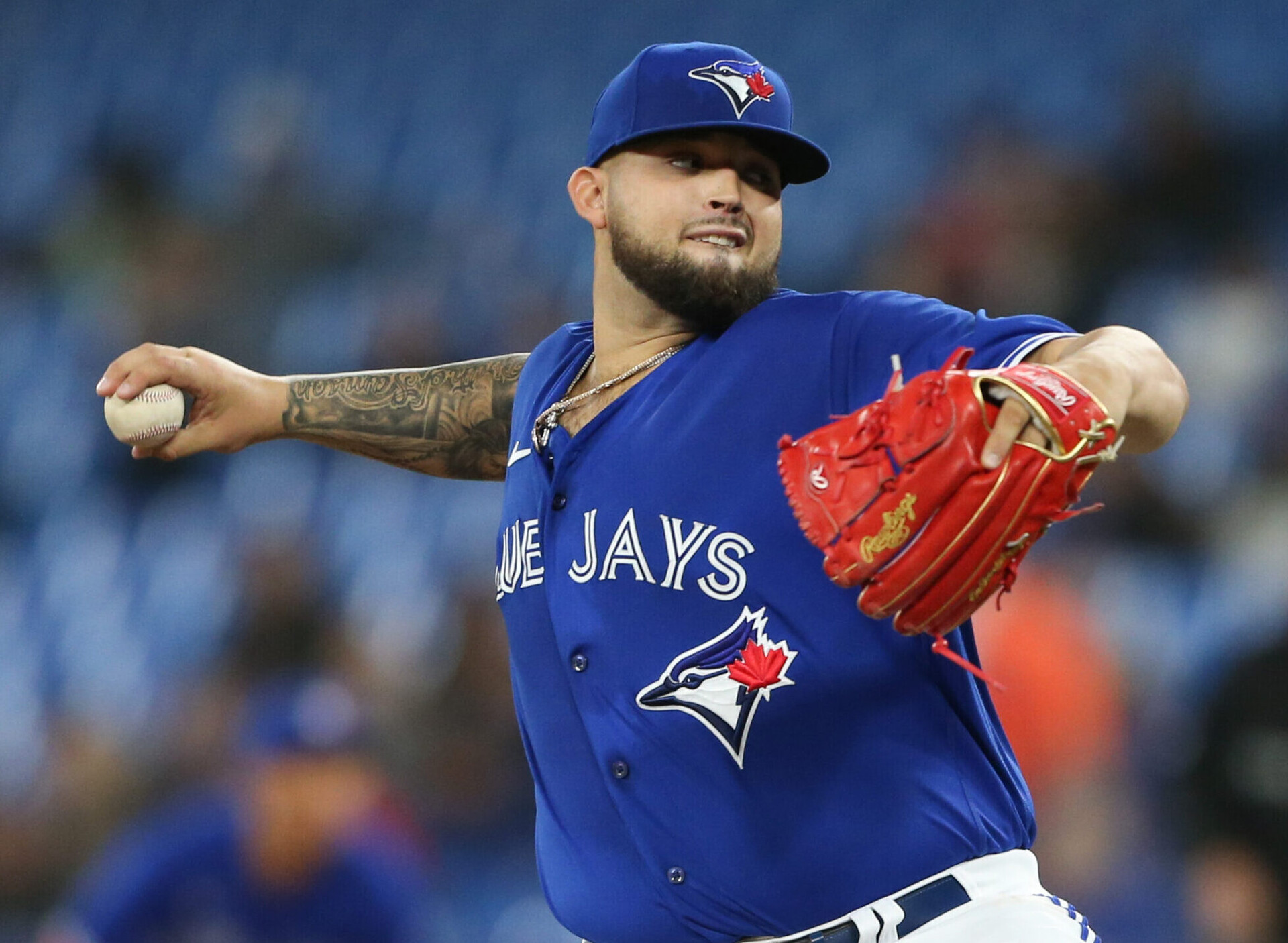Toronto Blue Jays right-handed pitcher Alek Manoah throws against the Boston Red Sox on Thursday, April 28, 2022, in Toronto.