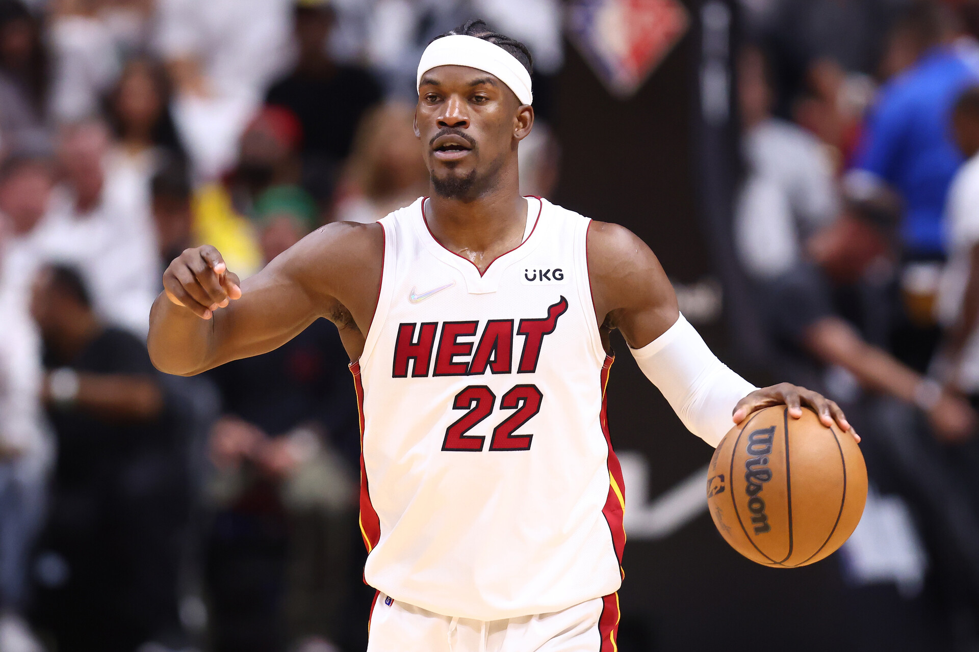 Jimmy Butler #22 of the Miami Heat dribbles against the Atlanta Hawks during the third quarter in Game Two of the Eastern Conference First Round at FTX Arena on April 19, 2022 in Miami, Florida.