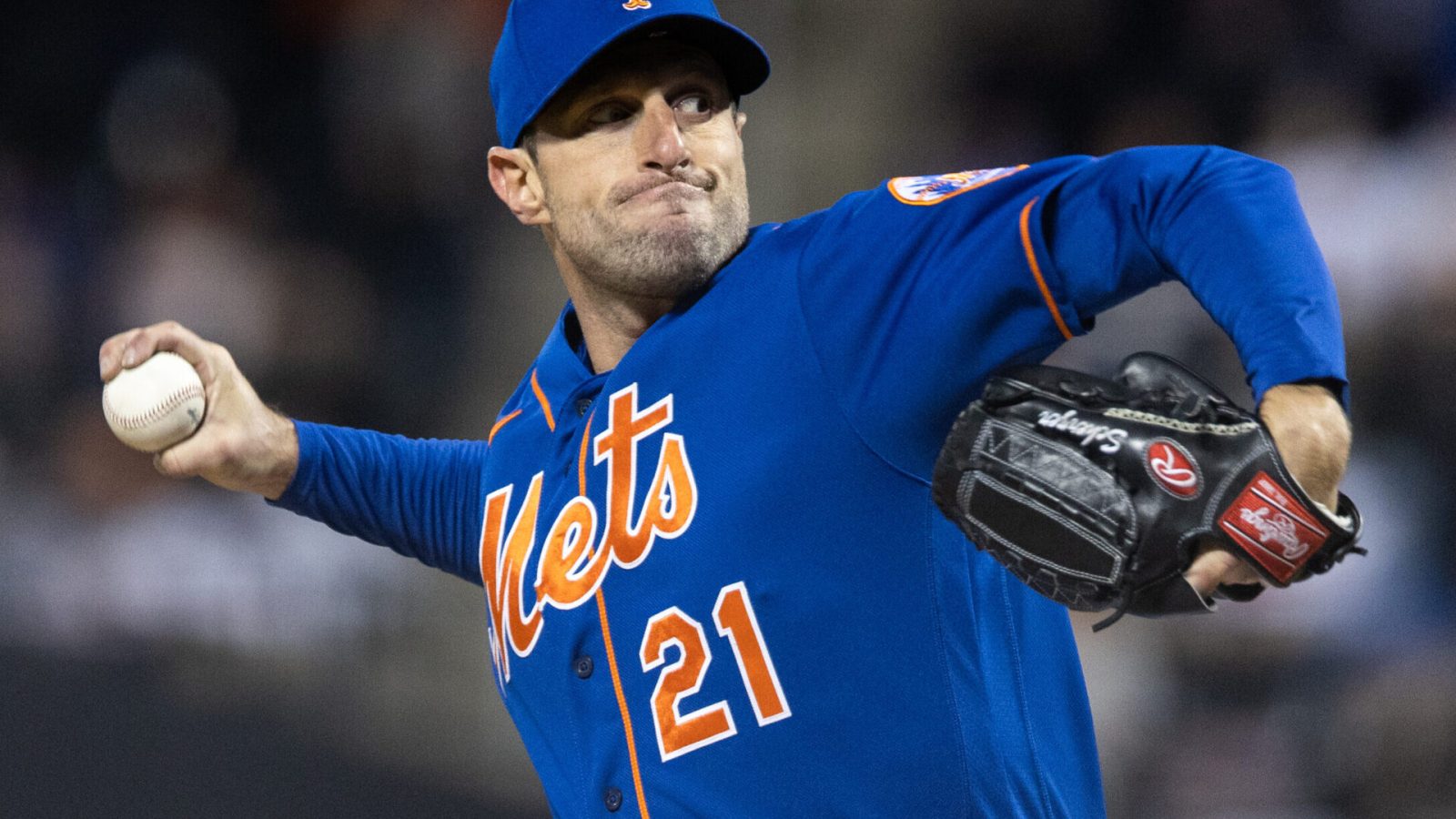 New York Mets right-handed pitcher Max Scherzer throws against the San Francisco Giants on April 19, 2022, in New York.