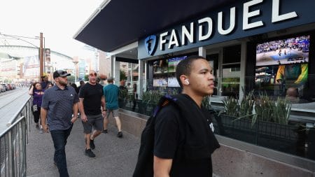 Fans walk past a Fanduel sports betting location at Footprint Center before Game Five of the Western Conference First Round NBA Playoffs between the Phoenix Suns and the New Orleans Pelicans on April 26, 2022 in Phoenix, Arizona.