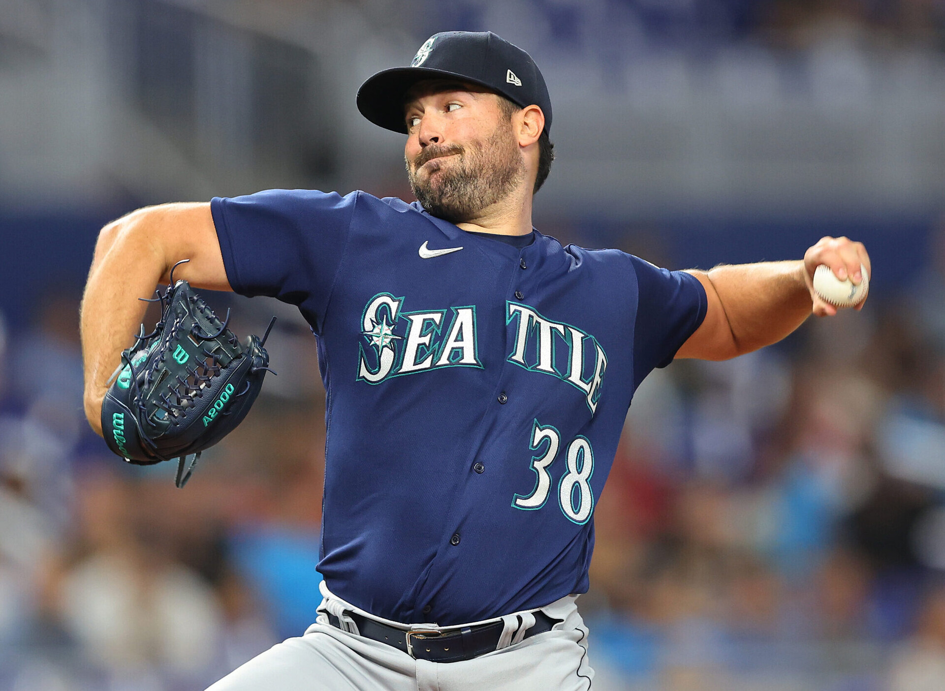 Seattle Mariners left-handed pitcher Robbie Ray delivers against the Miami Marlins on Saturday, April 30, 2022, in Miami.