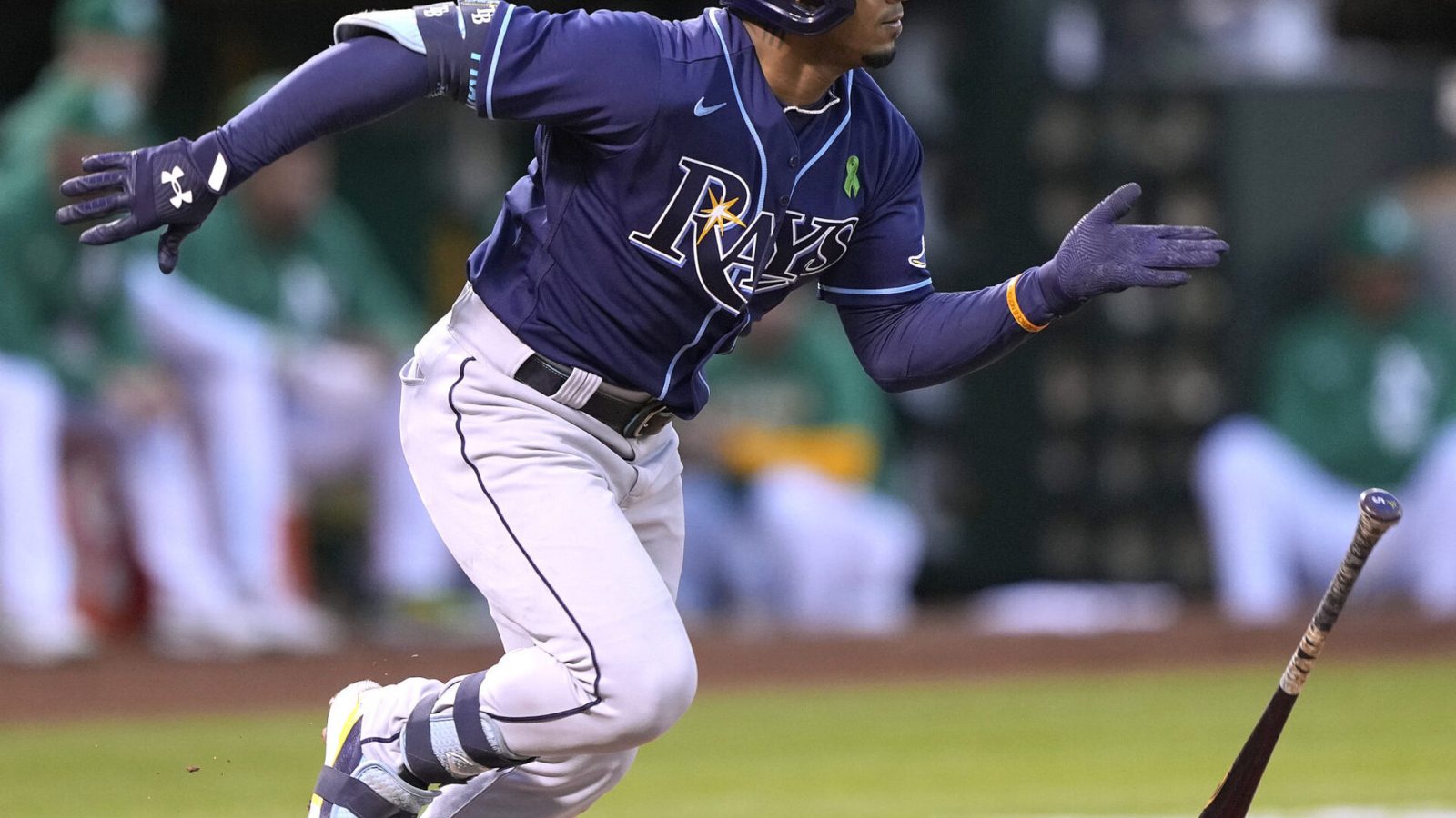 Tampa Bay Rays shortstop Wander Franco drops his bat as he runs to first base against the Oakland Athletics on Monday, May 2, 2022, in Oakland, Calif.