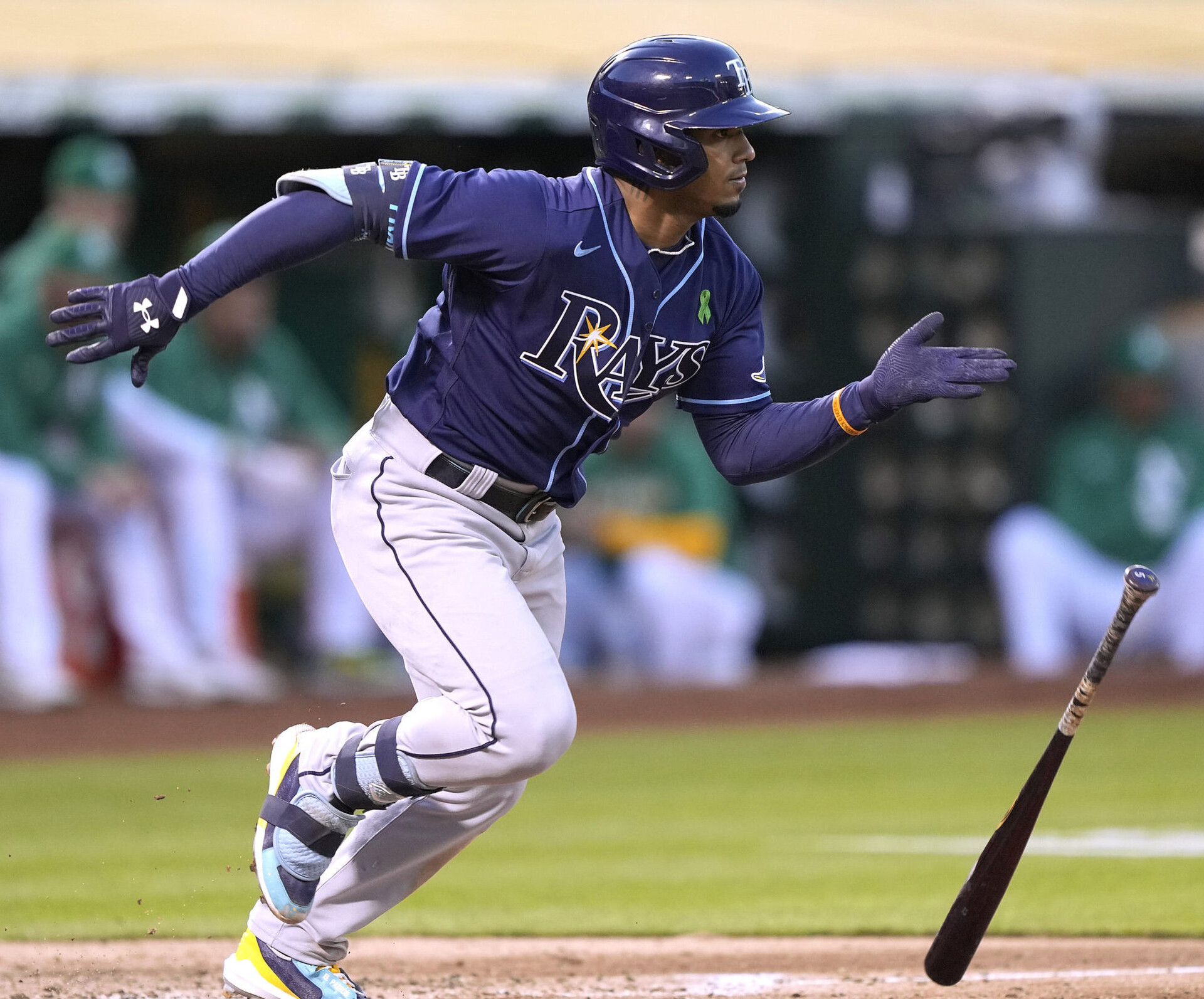 Tampa Bay Rays shortstop Wander Franco drops his bat as he runs to first base against the Oakland Athletics on Monday, May 2, 2022, in Oakland, Calif.