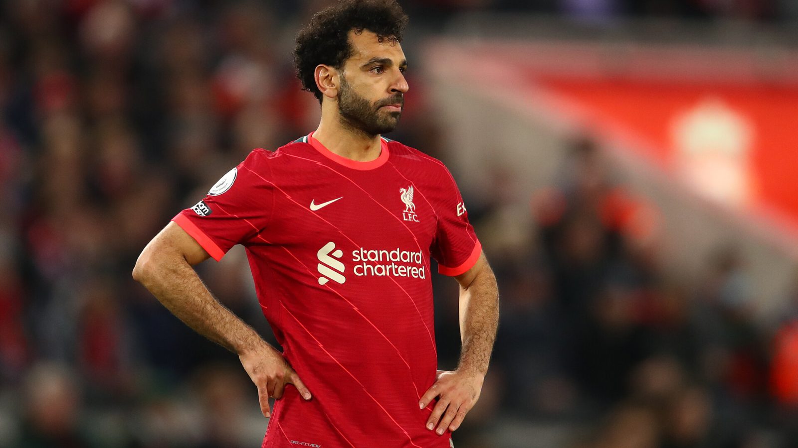 Mohamed Salah of Liverpool looks on during the Premier League match between Liverpool and Tottenham Hotspur at Anfield on May 07, 2022 in Liverpool, England.