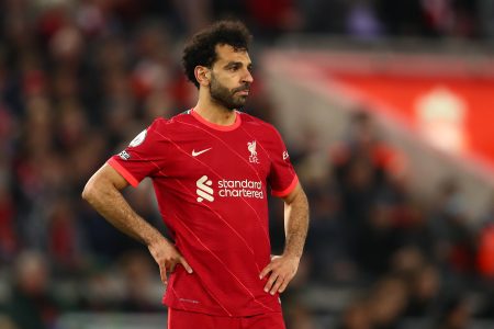 Mohamed Salah of Liverpool looks on during the Premier League match between Liverpool and Tottenham Hotspur at Anfield on May 07, 2022 in Liverpool, England.