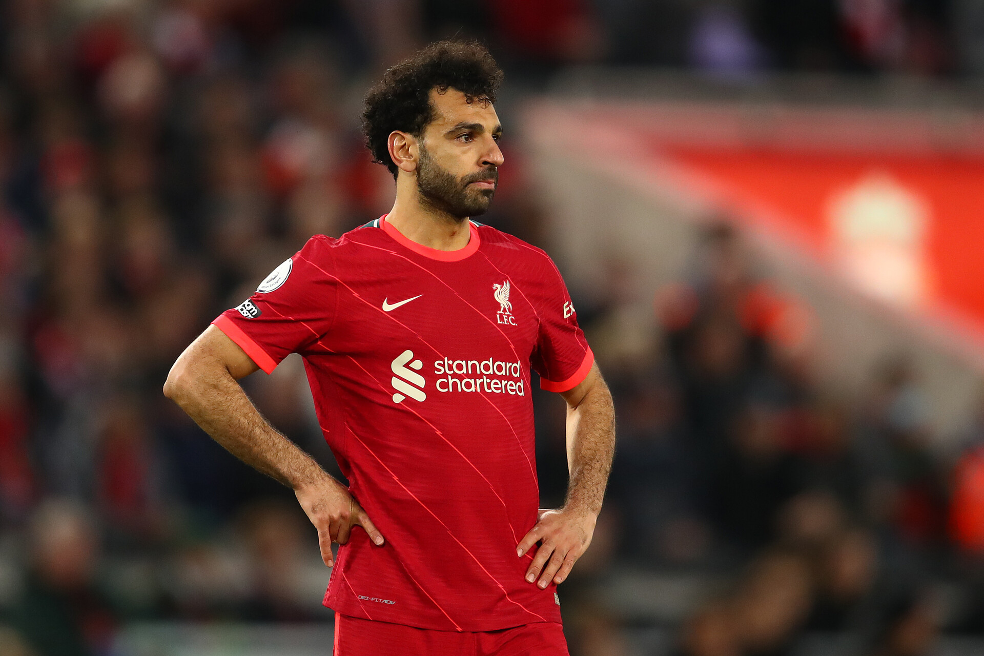 Mohamed Salah of Liverpool looks on during the Premier League match between Liverpool and Tottenham Hotspur at Anfield on May 07, 2022 in Liverpool, England.