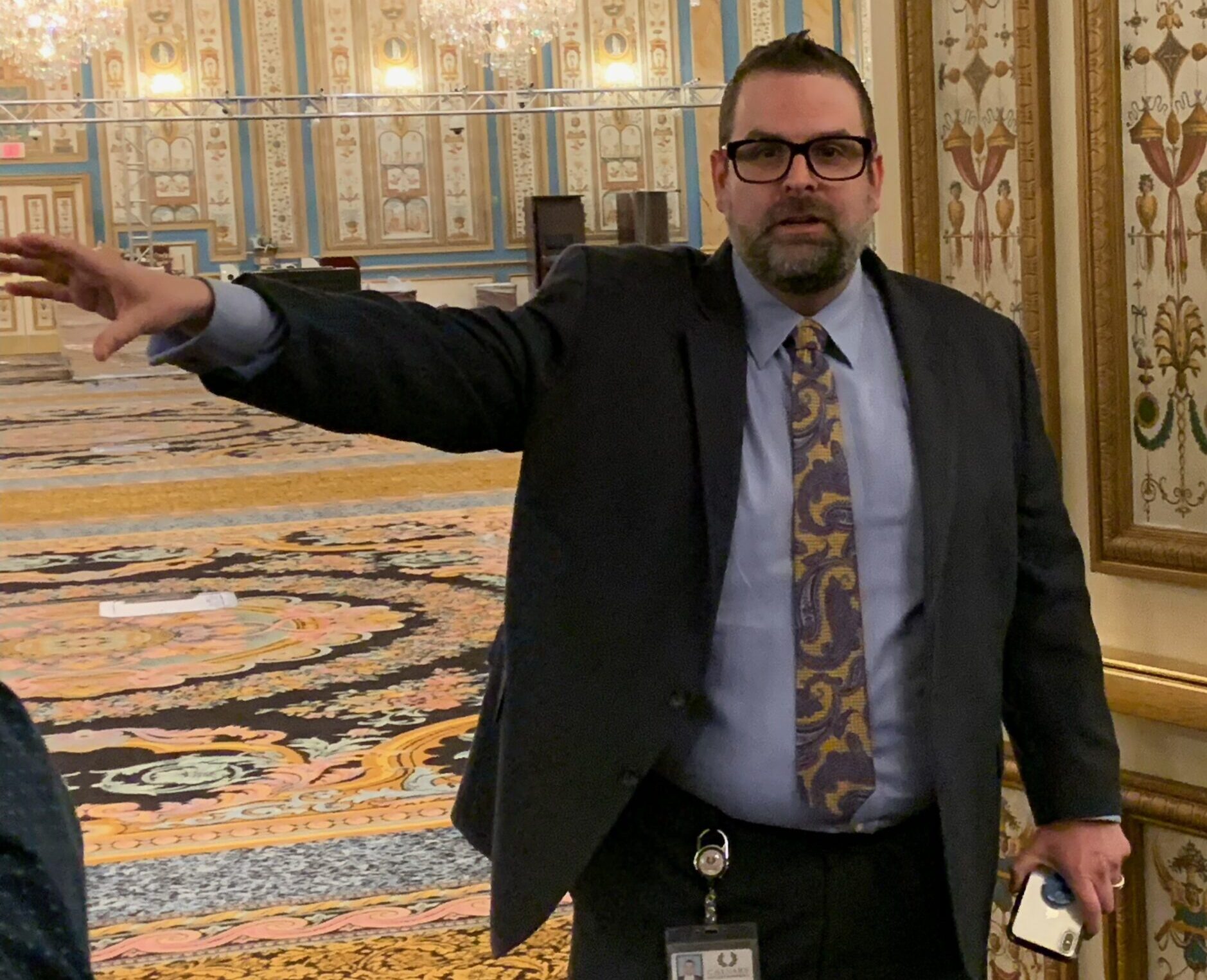 Jack Effel, the vice president of the World Series of Poker, gestures with his right hand during a media tour of the Paris Las Vegas convention center Thursday, May 26, 2022.