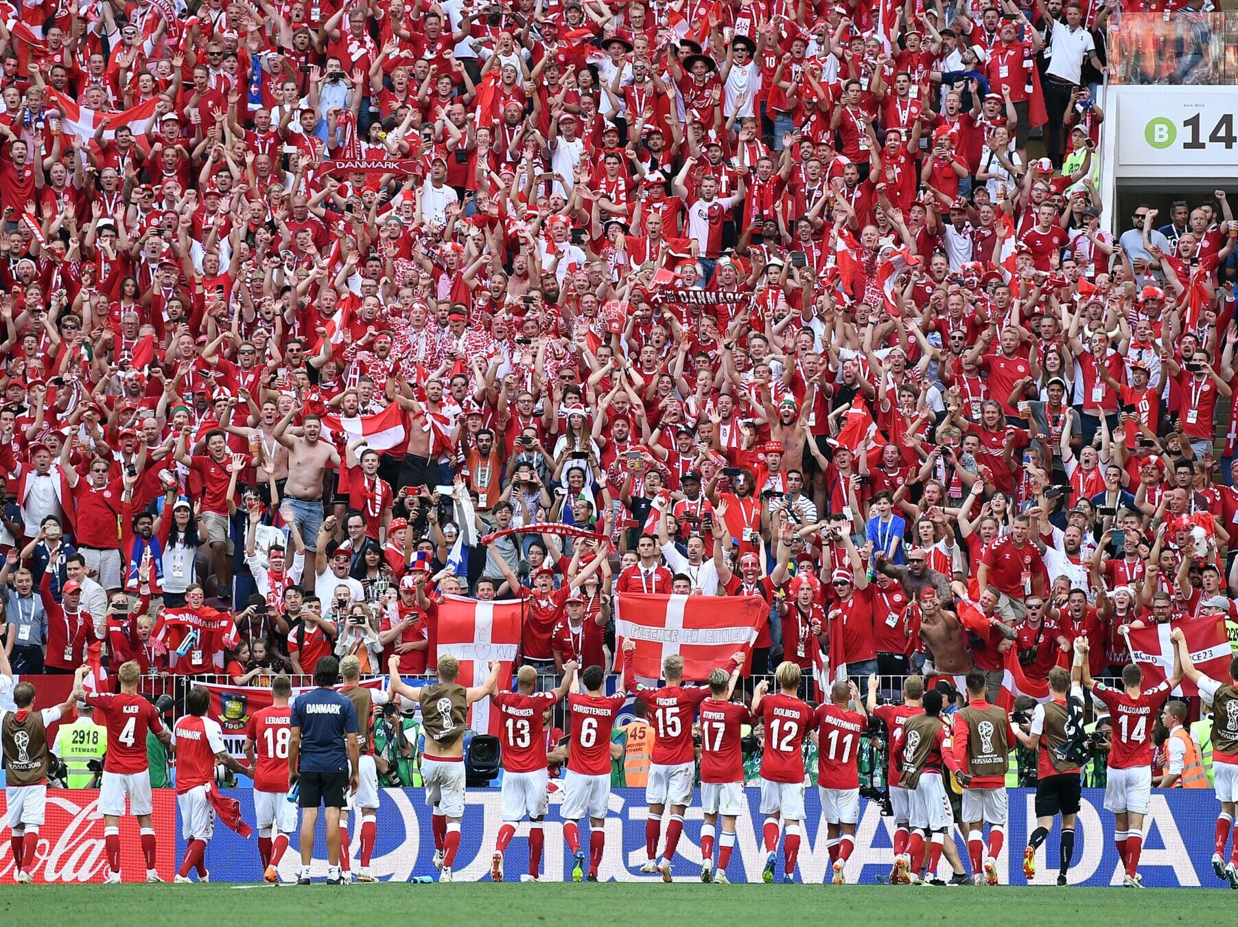 Denmark players salute their fans after Group C play against France during the FIFA World Cup 2018 at Luzhniki Stadium on June 26, 2018.