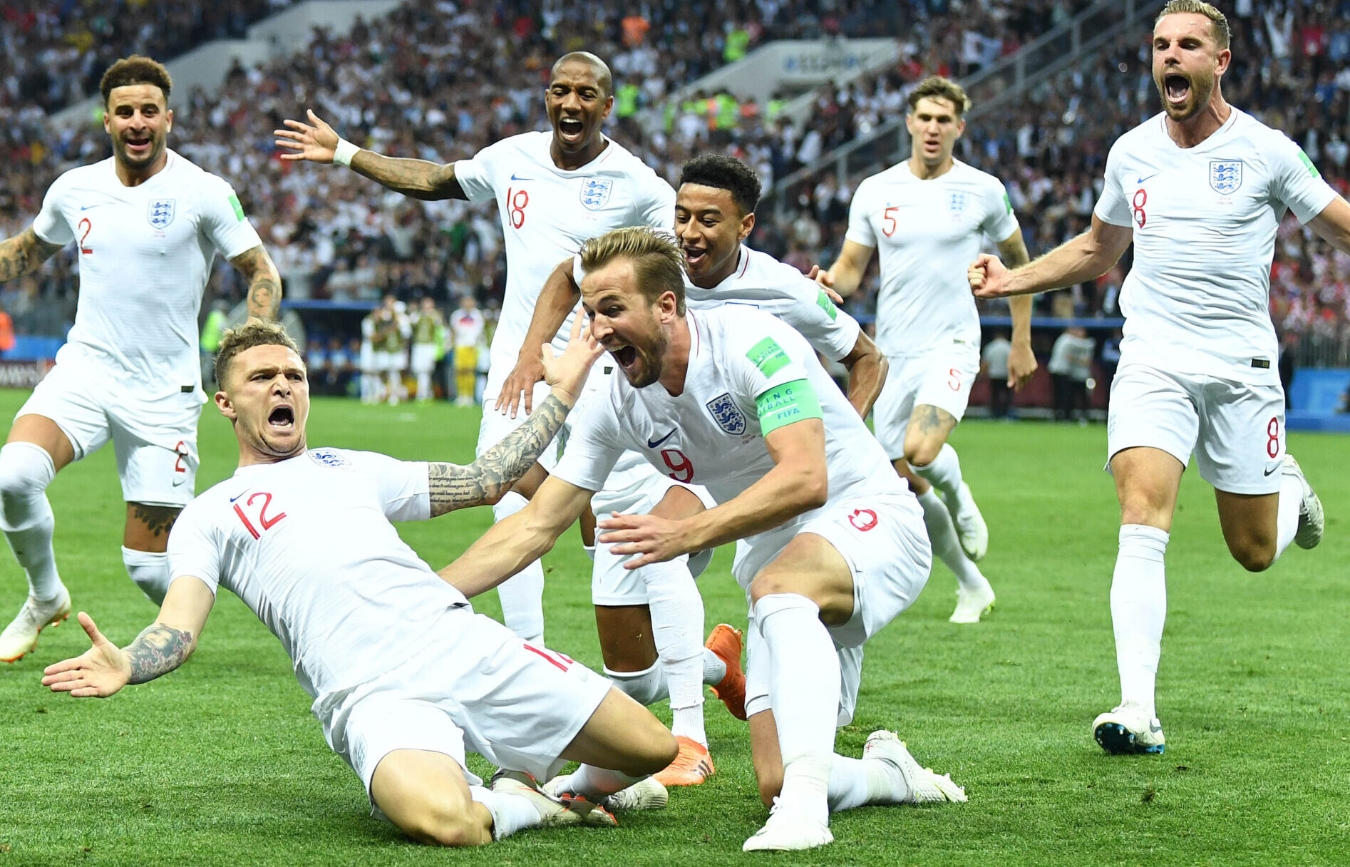 England defender Kieran Trippier (12) celebrates with forward Harry Kane (9) his goal scored against Croatia during the first half in the semifinals of the FIFA World Cup 2018 at Saint Petersburg Stadium on July 11, 2018