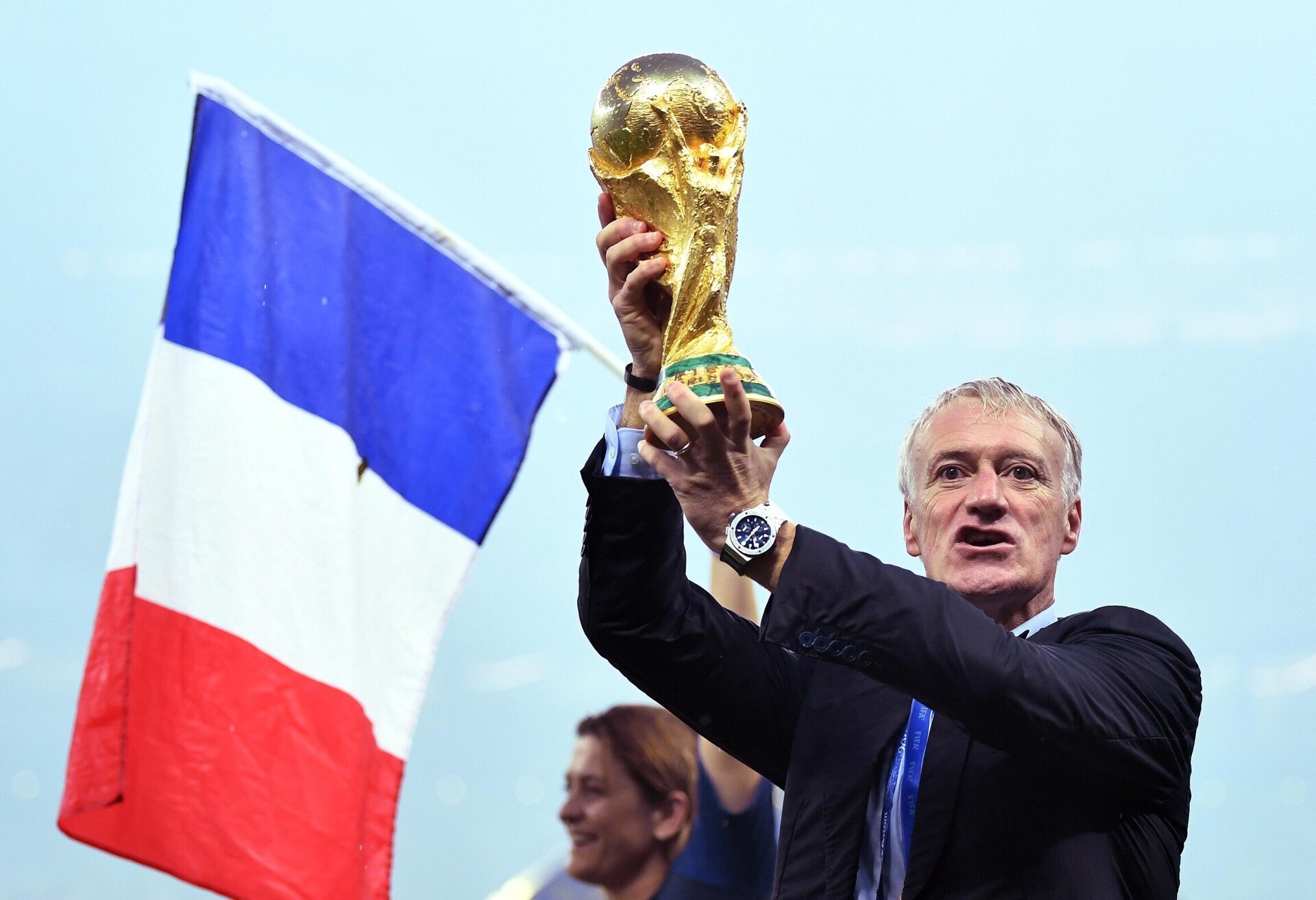 France manager Didier Deschamps celebrates with the trophy after defeating Croatia in the final of the FIFA World Cup 2018 at Luzhniki Stadium on July 15, 2018.