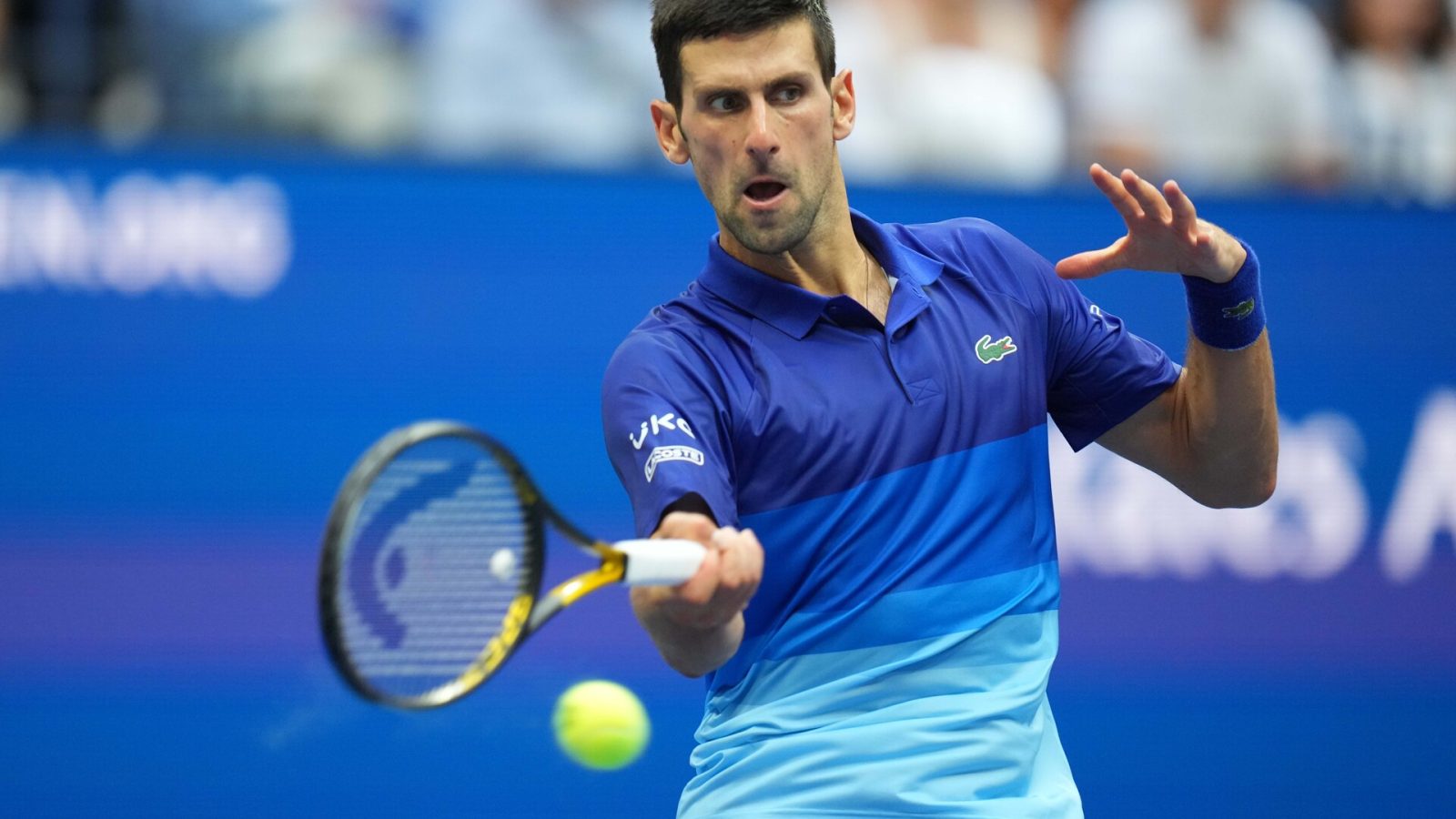 Novak Djokovic of Serbia hits a forehand against Daniil Medvedev of Russia (not pictured) in the men's singles final on day fourteen of the 2021 U.S. Open tennis tournament at USTA Billie Jean King National Tennis Center.