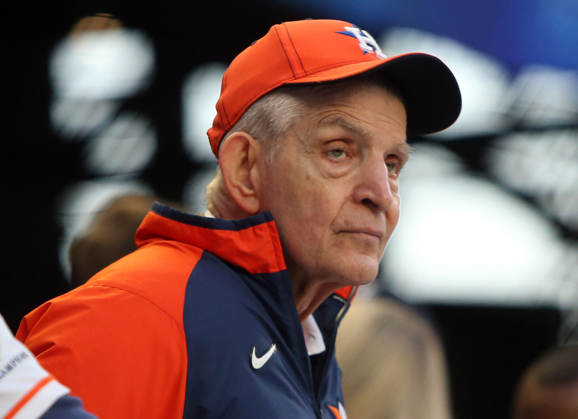 Houston furniture store owner Jim "Mattress Mack" McIngvale watches batting practice before a World Series game Oct. 31, 2021, in Atlanta.