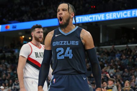 Memphis Grizzles guard Dillon Brooks (24) reacts after a dunk during the second half against the Portland Trail Blazers at FedExForum.