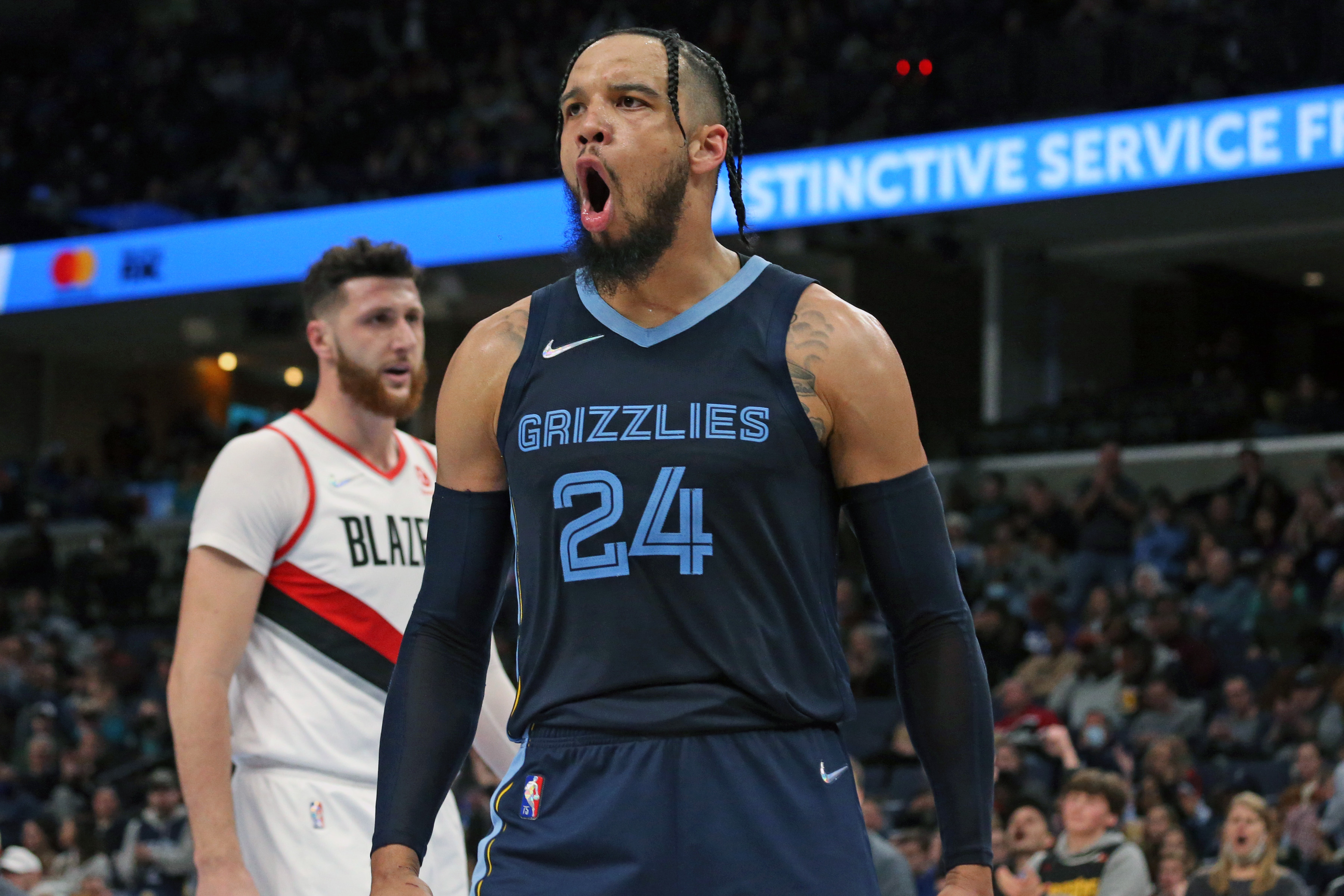 Memphis Grizzles guard Dillon Brooks (24) reacts after a dunk during the second half against the Portland Trail Blazers at FedExForum.