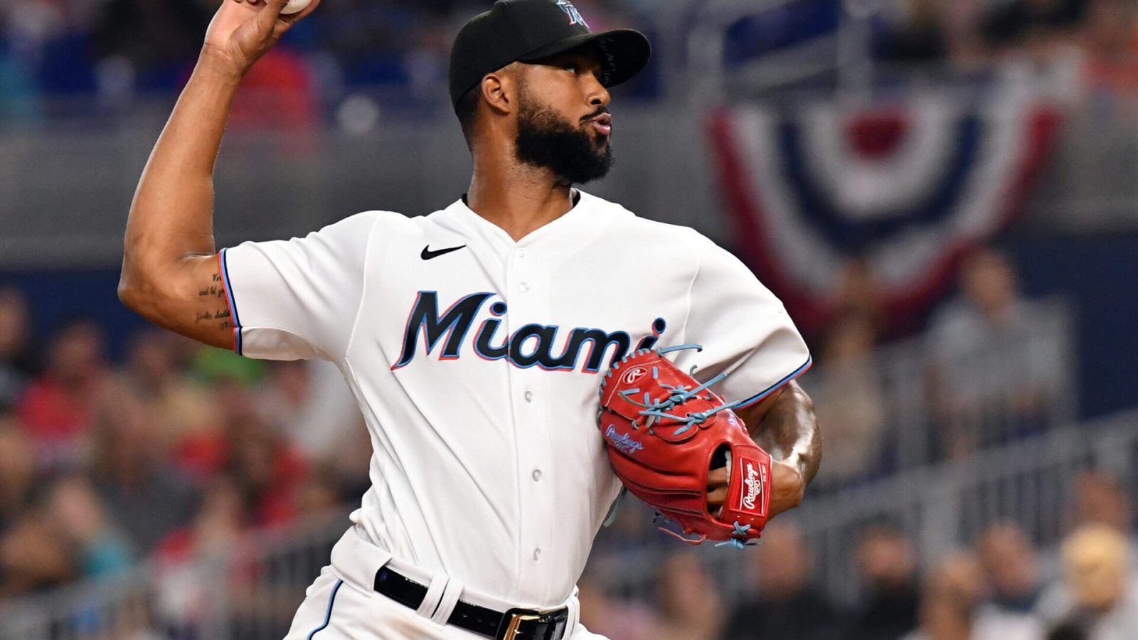 Miami Marlins right-handed starting pitcher Sandy Alcantara grips the baseball in his right hand and prepares to deliver a pitches against the Philadelphia Phillies
