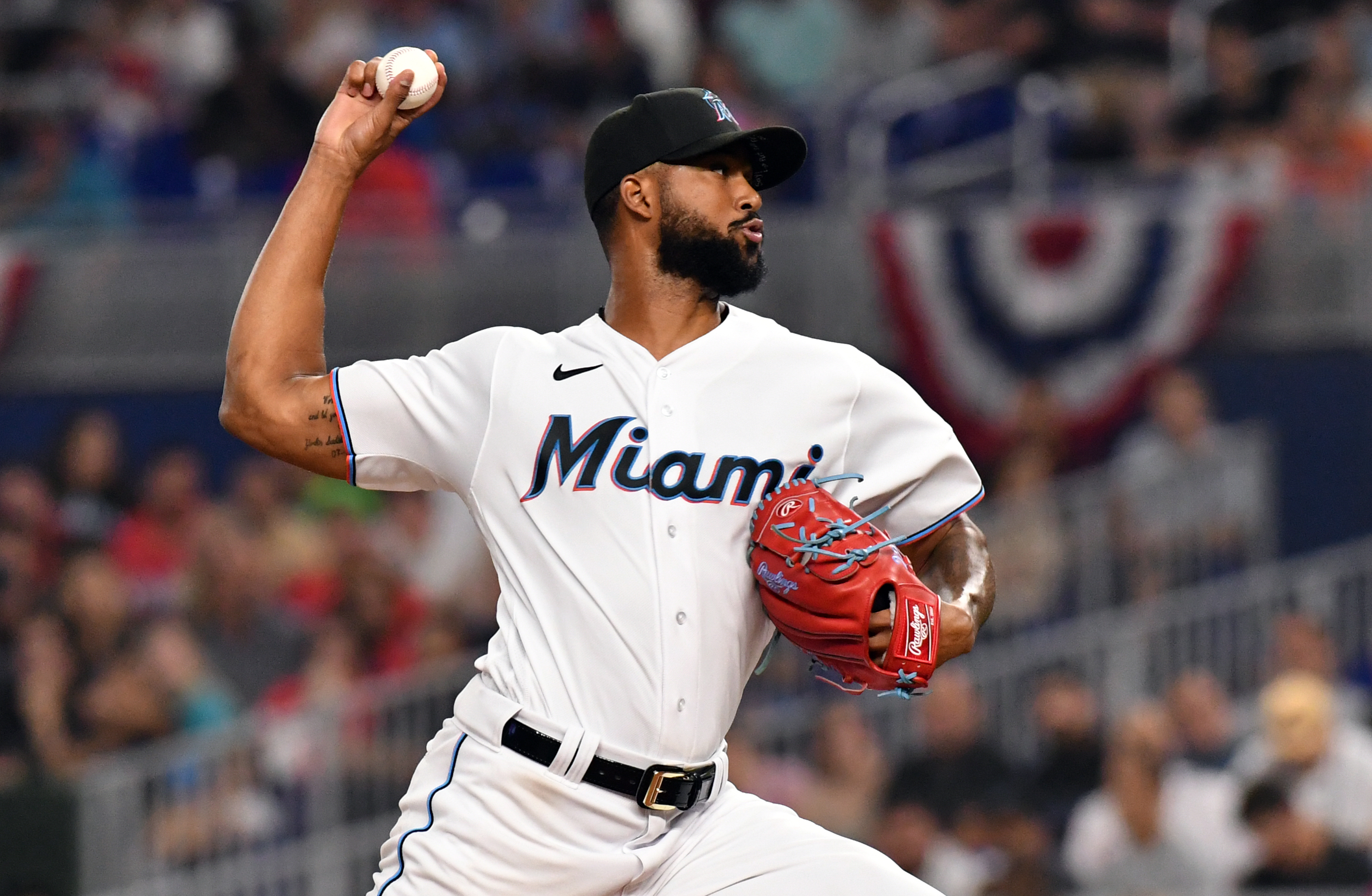 Miami Marlins right-handed starting pitcher Sandy Alcantara grips the baseball in his right hand and prepares to deliver a pitches against the Philadelphia Phillies
