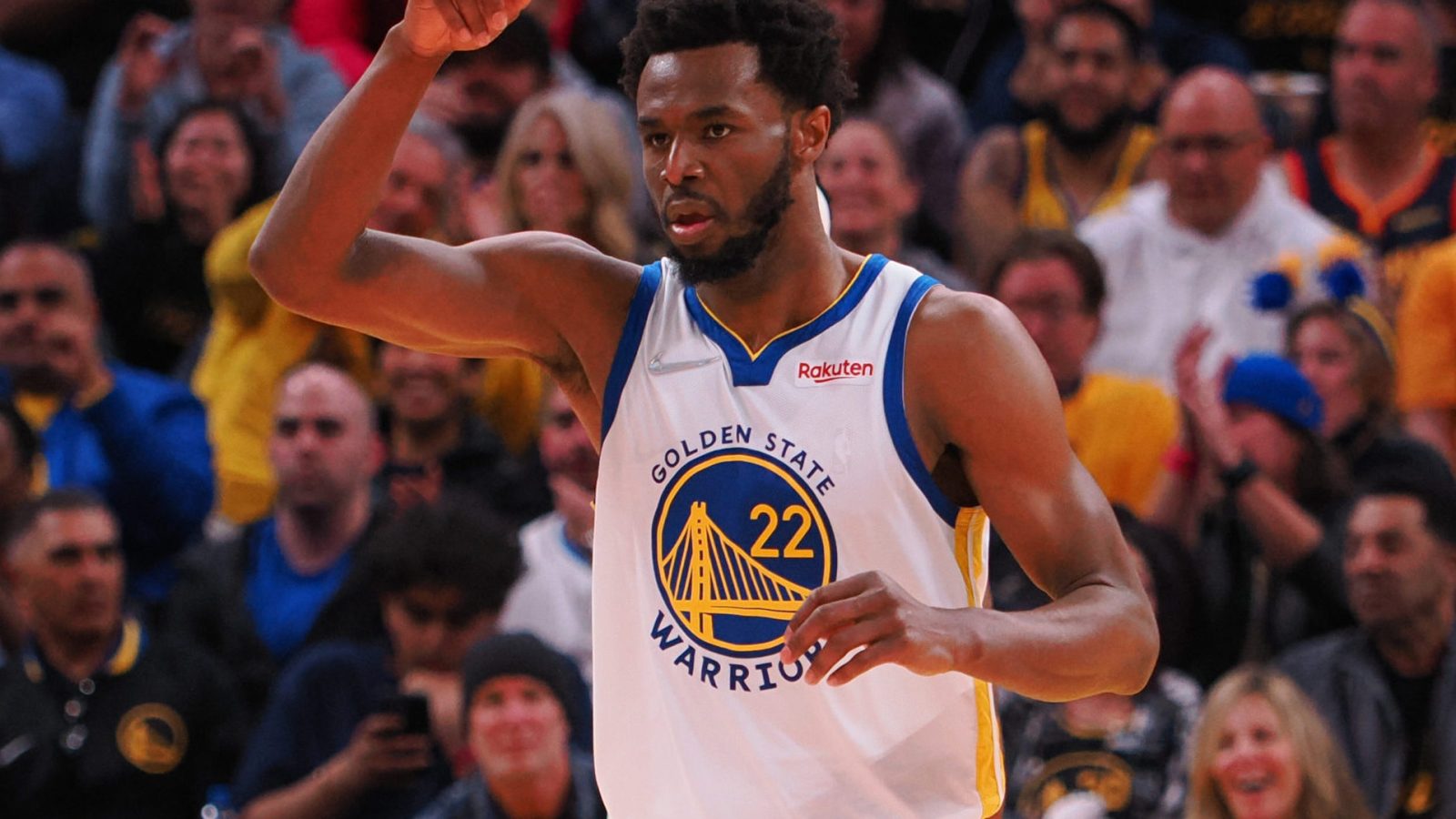 Golden State Warriors forward Andrew Wiggins (22) gestures
