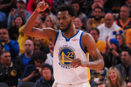 Golden State Warriors forward Andrew Wiggins (22) gestures