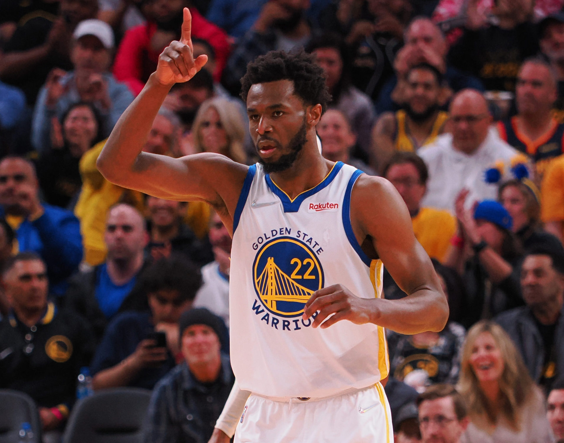 Golden State Warriors forward Andrew Wiggins (22) gestures