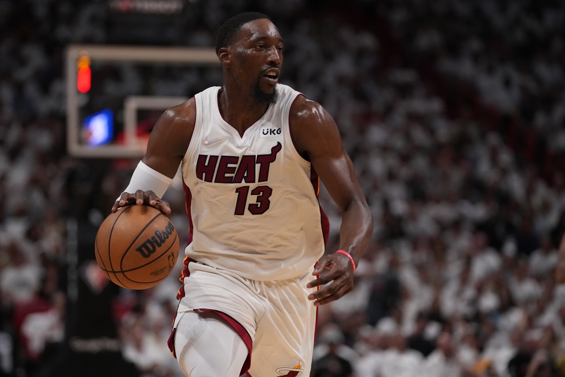 Miami Heat center Bam Adebayo (13) drives the ball up the court during the first half in game two of the first round for the 2022 NBA playoffs against the Atlanta Hawks at FTX Arena.