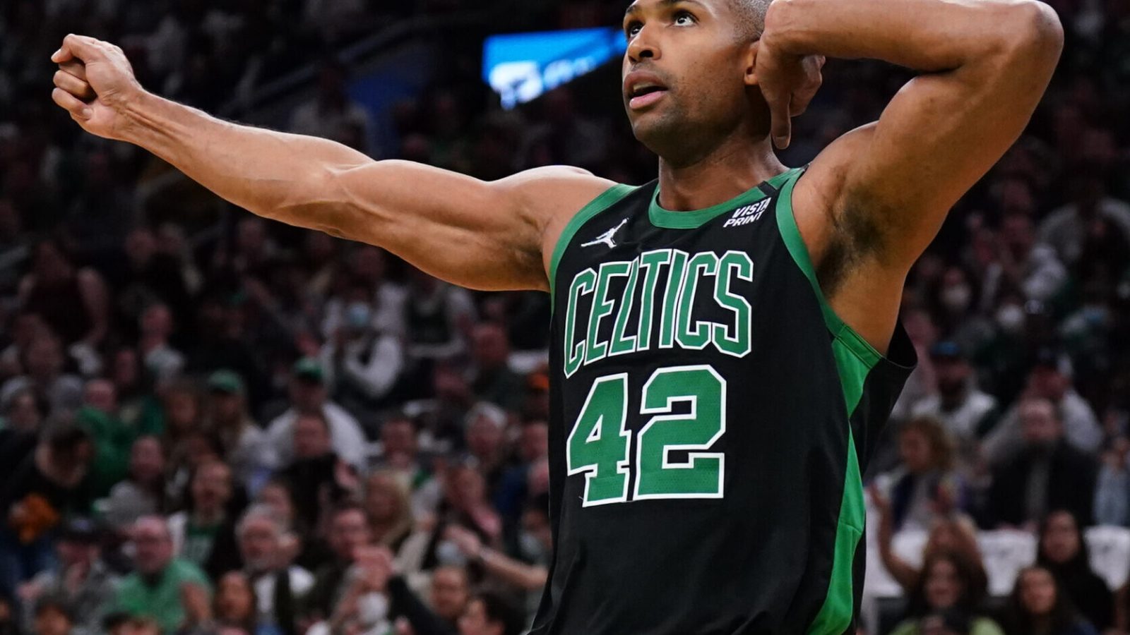 Boston Celtics center Al Horford reacts after a play against the Brooklyn Nets in the first quarter during game one of the first round for the 2022 NBA playoffs at TD Garden.
