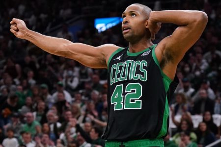 Boston Celtics center Al Horford reacts after a play against the Brooklyn Nets in the first quarter during game one of the first round for the 2022 NBA playoffs at TD Garden.