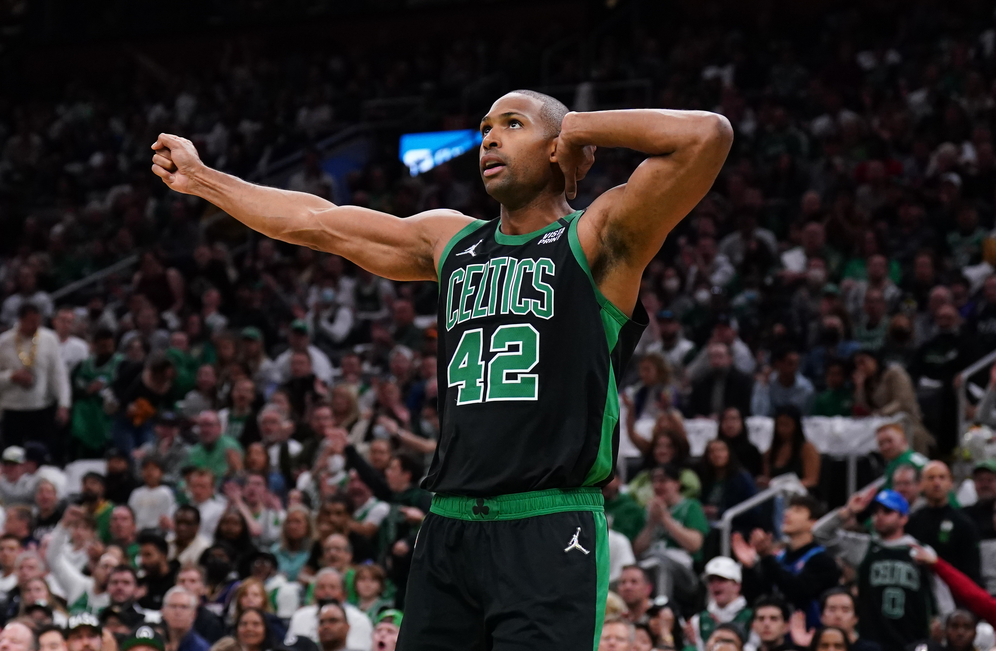 Boston Celtics center Al Horford reacts after a play against the Brooklyn Nets in the first quarter during game one of the first round for the 2022 NBA playoffs at TD Garden.